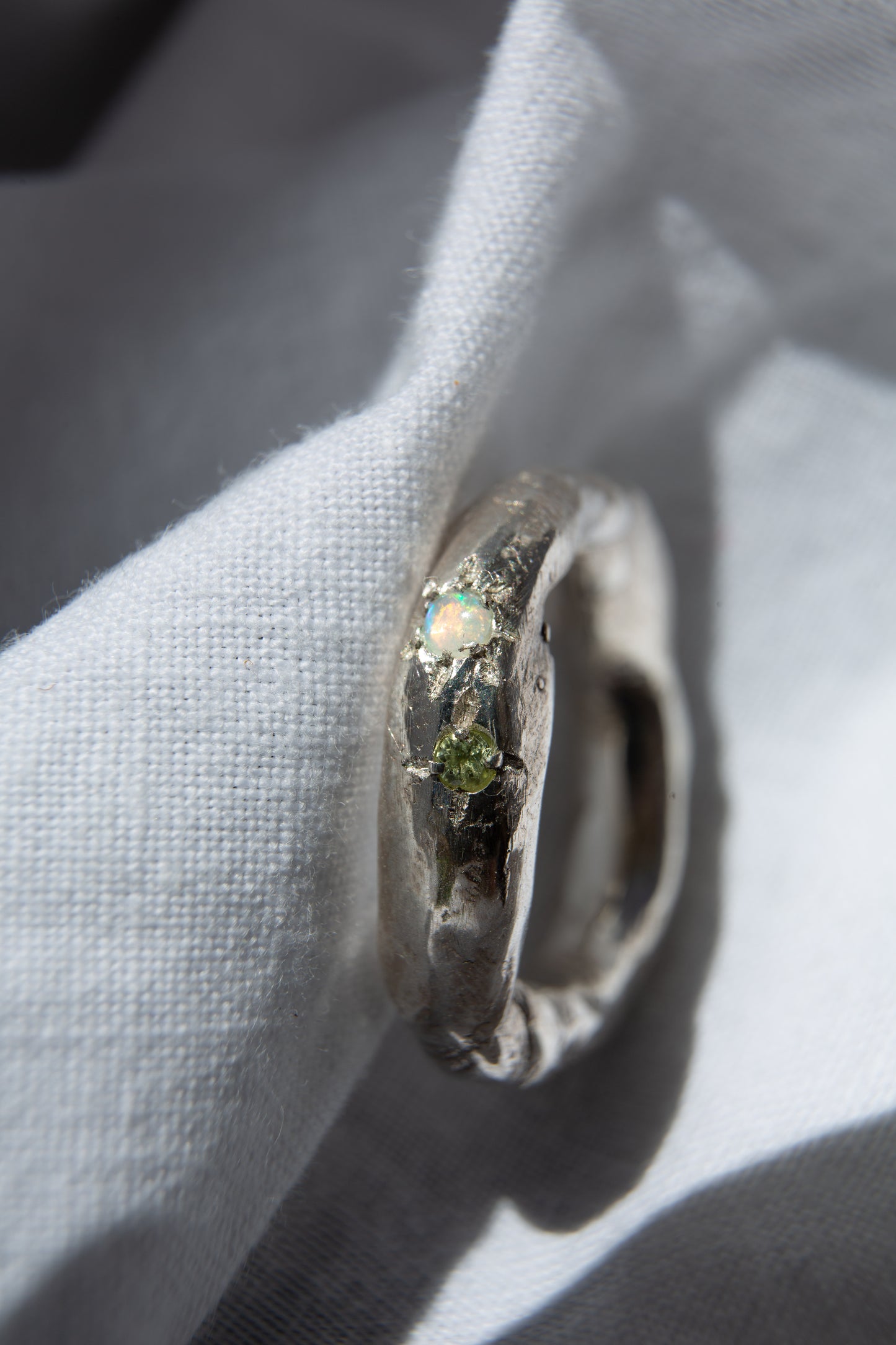 silver ring with opal and peridot