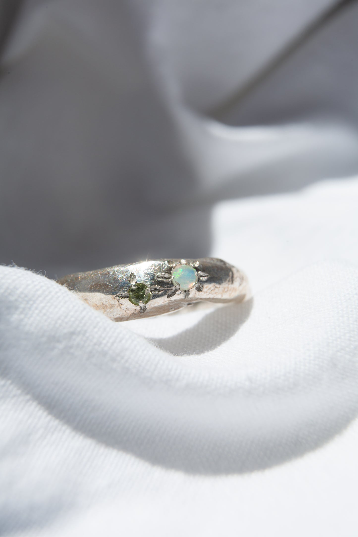 silver ring with opal and peridot