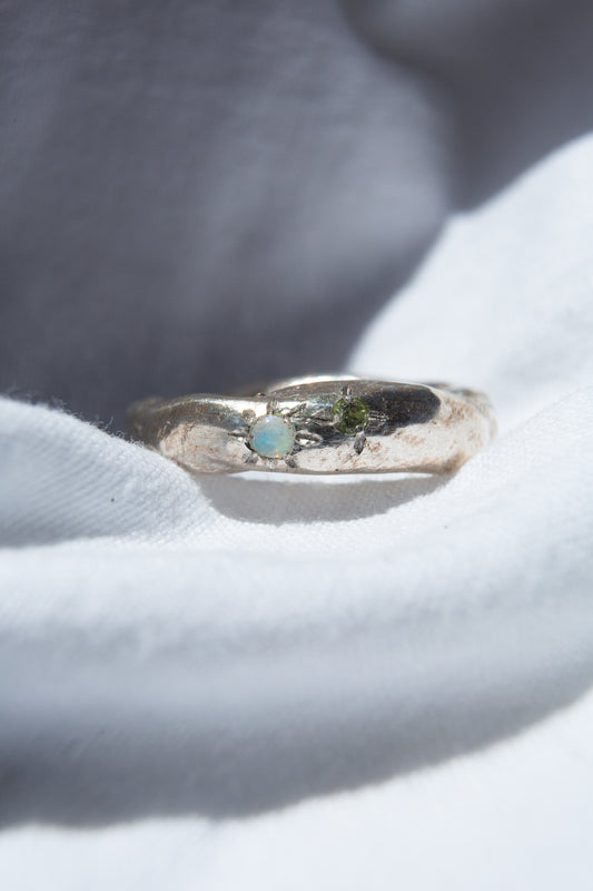 silver ring with opal and peridot